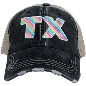 Multi-Colored Stripe "TX" Texas Embroidered Black Distressed Trucker Hat